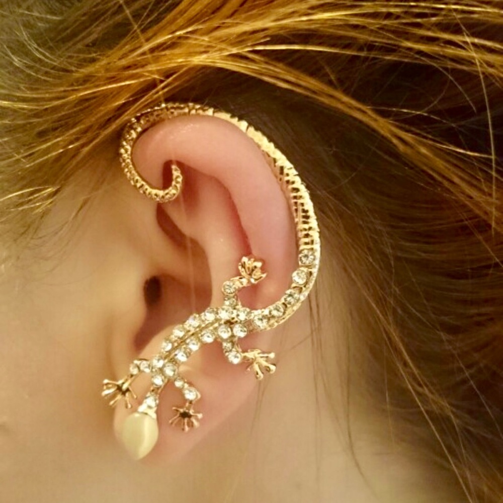 Gothic Punk Metal Crystal Gecko Cuff Wrap Earring - Picture 7 of 8